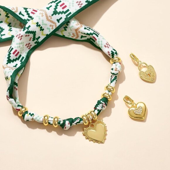 Women’s Versatile Silk Scarf Necklace with Gold-Plated Star Moon Heart Charms, A - Picture 6 of 7